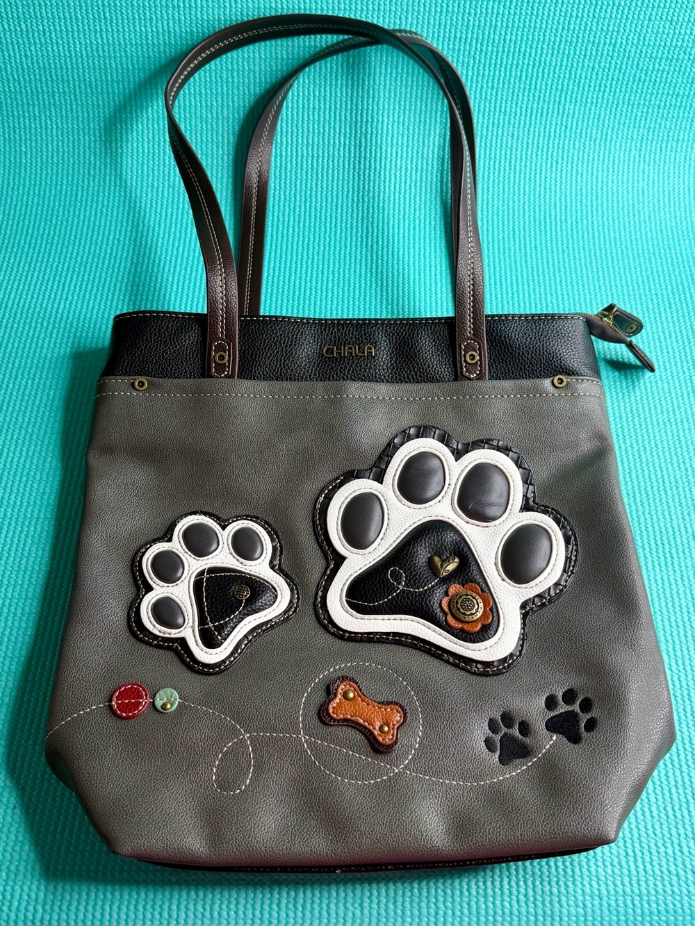 Chala Gray and Black Paw Print Tote Bag with Brown Accents